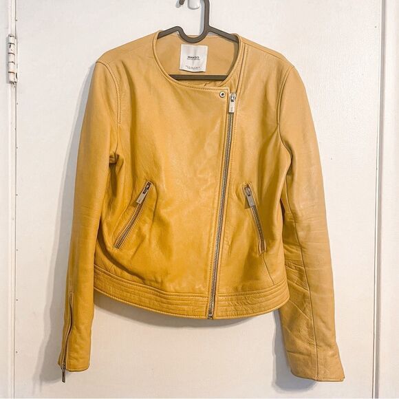Mango Genuine Leather Biker Jacket Orange Mustard S - Picture 6 of 9